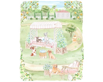 Nursery Art print Dogs playing Tennis // Jungle Print // Tropical print // Kids Playroom // Pink Nursery art // Grandmillennial