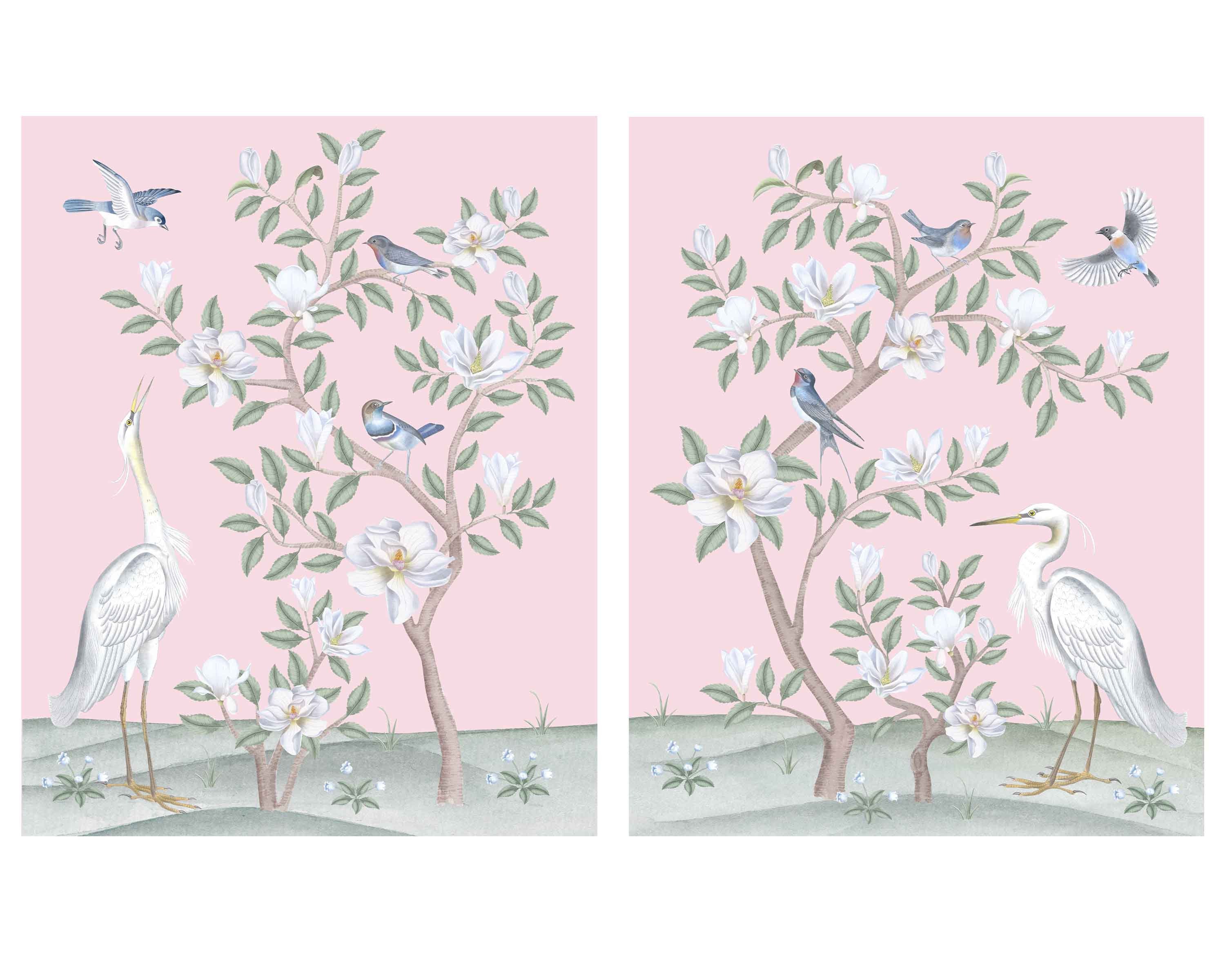 Set of Two Art Prints Chinoiserie Storks and Magnolias // - Etsy