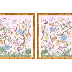 Set of Two Art Prints Chinoiserie Flowers with Birds and Butterflies // Nursery Decor // Girls Room // Asian Peony // Grand Millennial