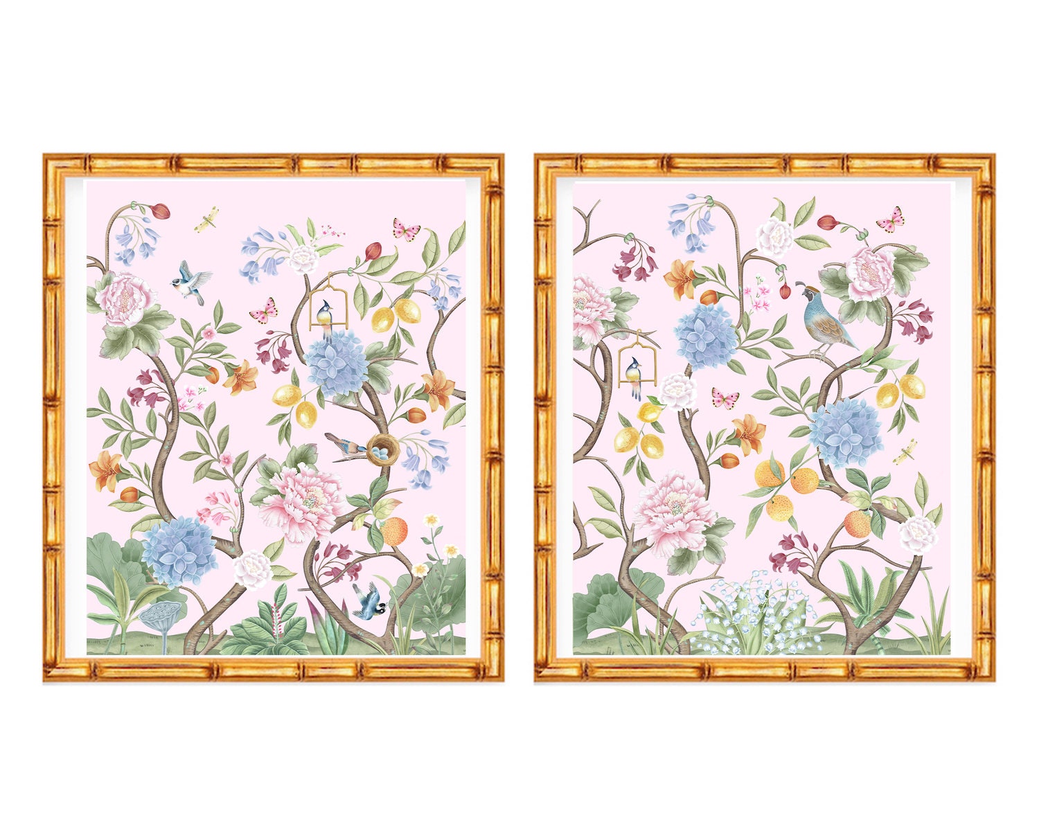 Set of Two Art Prints Chinoiserie Flowers with Birds and Butterflies // Nursery Decor // Girls Room // Asian Peony // Grand Millennial