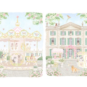 May include: Watercolor illustration featuring a carousel and a mansion, both adorned with dogs. The carousel is pink and gold, with dog figures. The mansion has green shutters and dogs in the windows. Pink flowers and butterflies decorate the scene.