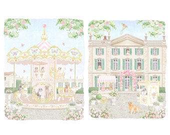 Set of Two Nursery Art prints Parisian Carousel  and Cafe with Preppy Dogs // Grand Millennial // Girls room // French Nursery