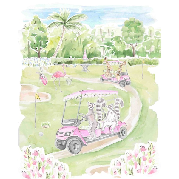 Animals Playing Golf Nursery Art Print: Tropical Jungle Theme