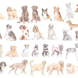 May include: Watercolor illustration featuring a variety of dog breeds, including Labradors, Poodles, and Dachshunds. The dogs are depicted in various poses and colors, creating a charming and artistic display. Perfect for dog lovers.