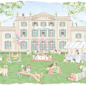 May include: A watercolor illustration of a dog show taking place in front of a large, white mansion. There are several dogs of different breeds participating in the show, including a golden retriever, a dachshund, and a corgi. The dogs are competing in various events, such as agility, obedience, and showmanship. There are also several people in the illustration, including a judge, a handler, and spectators. The illustration is set in a park-like setting with green grass, trees, and flowers.