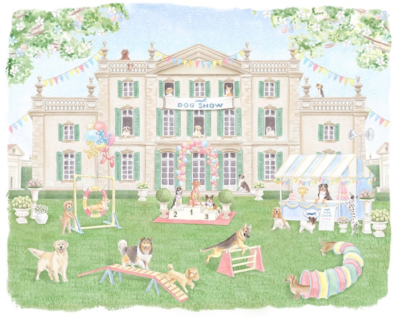 Chateau Dog Show Watercolor Art Print: Whimsical Nursery Decor
