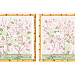 Set of Two Art Prints Chinoiserie Flowers with Birds and Butterflies // Nursery Decor // Girls Room // English Garden // Grand Millennial