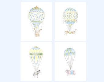 Art Prints Giraffe,Leopard and Zebra in Hot Air Balloons // Nursery Decor //Baby Boy // Watercolor // Grand millennial // Preppy