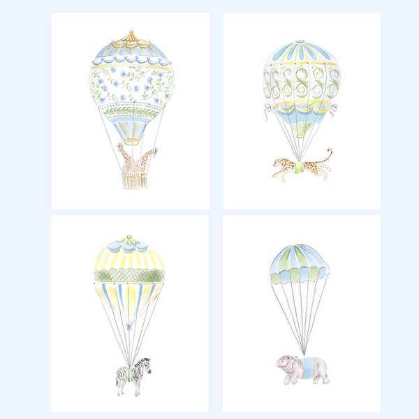 Art Prints Giraffe,Leopard and Zebra in Hot Air Balloons // Nursery Decor //Baby Boy // Watercolor // Grand millennial // Preppy