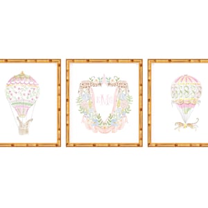 Set of Three Art prints Safari Animals in Hot Air Balloons and Baby Crest // Baby Girl //  Kids room // Nursery art // Grand Millennial