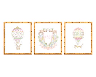 Set of Three Art prints Safari Animals in Hot Air Balloons and Baby Crest // Baby Girl //  Kids room // Nursery art // Grand Millennial