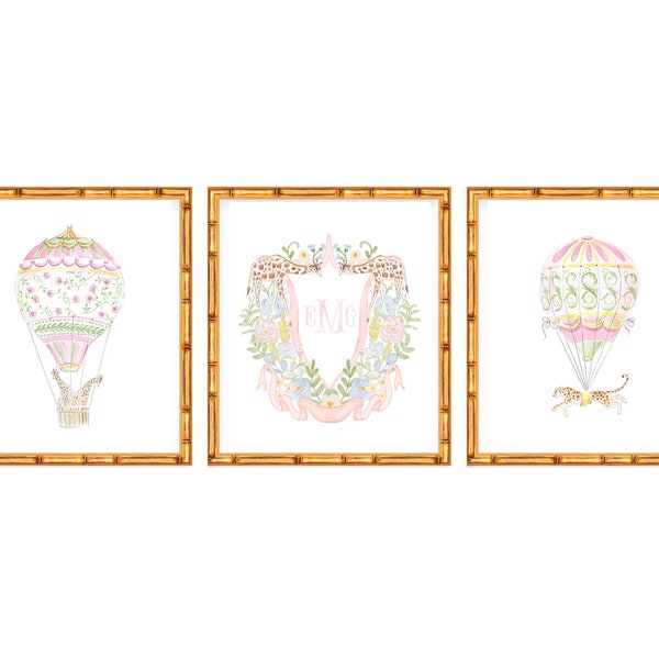 Set of Three Art prints Safari Animals in Hot Air Balloons and Baby Crest // Baby Girl //  Kids room // Nursery art // Grand Millennial