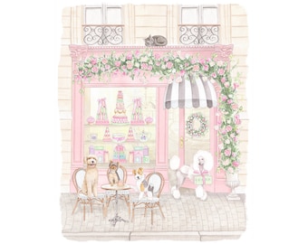 Nursery Art print Parisian Patisserie Cafe with Preppy Dogs // Grand Millennial // Kids room // Nursery art // Girl Playroom // Bakery