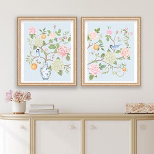 Set of Two Art Prints Chinoiserie Flowers with Birds and Butterflies // Nursery Decor // Girls Room // English Garden // Grand Millennial