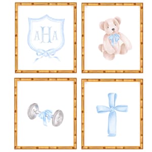 Four Art Prints  Baby Boy Traditional Rattle and Teddy Bear // Nursery Bespoke Decor// Boys Room // Heirloom // Grand millennial // Preppy