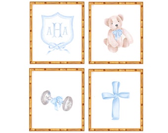 Four Art Prints  Baby Boy Traditional Rattle and Teddy Bear // Nursery Bespoke Decor// Boys Room // Heirloom // Grand millennial // Preppy