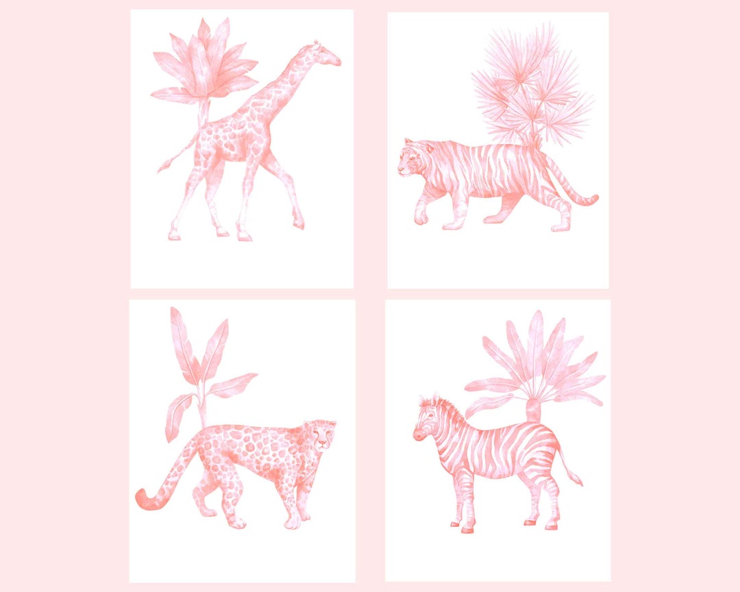Four Art Prints Chinoiserie Leopard, Zebra, Tiger, Giraffe With Palm