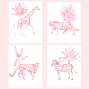 Four Art Prints Chinoiserie  Leopard, Zebra, Tiger, Giraffe with Palm Trees // Nursery Decor // Palm tree // Girls Room // Pink Art