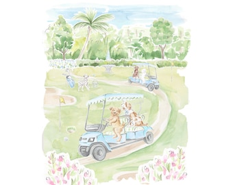 Nursery Art print Dogs playing golf // Jungle Print // Tropical print  // Kids room // Nursery art