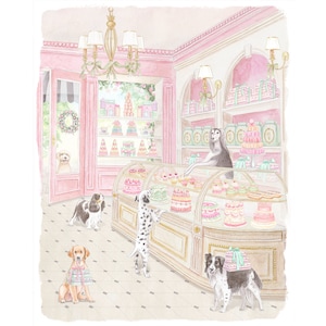 May include: Watercolor illustration of a pink bakery with dogs. A Dalmatian and a Border Collie are near a display case of cakes. A Golden Retriever wears a sweater. A dog is at the door, and another is behind the counter.
