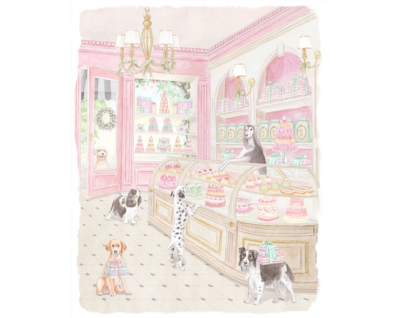 Parisian Patisserie Watercolor Art Print: Preppy Dogs Nursery Decor, Grandmillennial