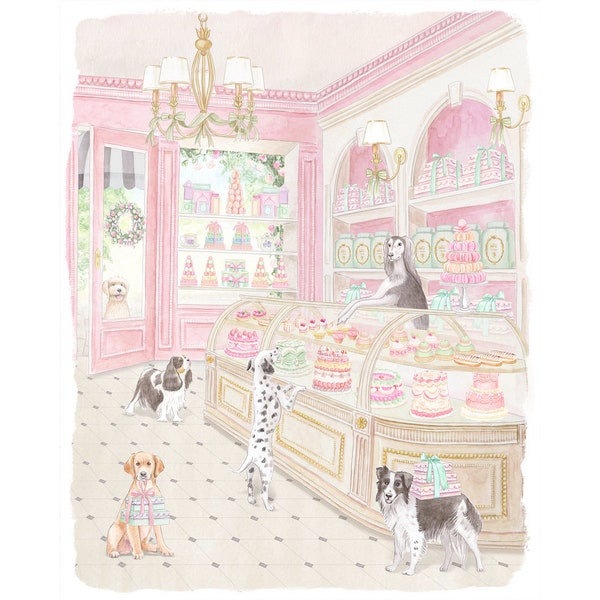 Nursery Art print Parisian Patisserie Cafe with Preppy Dogs // Grand Millennial // Kids room // Nursery art // Girl Playroom // Bakery