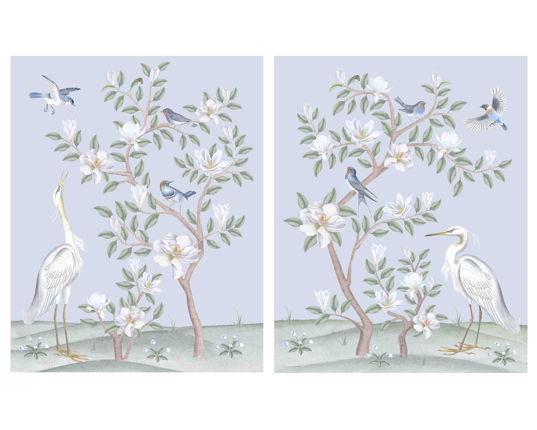 Set of Two Art Prints Chinoiserie Storks and Magnolias // Nursery Decor ...