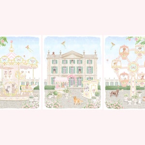 Three Art Prints Nursery Parisian Carousel with Preppy Dogs // Ferris Wheel // Parisian Nursery // Kids room // Nursery watercolor art