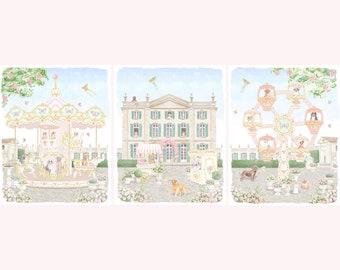 Three Art Prints Nursery Parisian Carousel with Preppy Dogs // Ferris Wheel // Parisian Nursery // Kids room // Nursery watercolor art