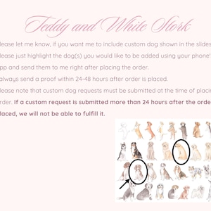May include: A light pink background with the text "Teddy and White Stork" in a cursive font. Below, a list of instructions is provided. A collection of dog illustrations is shown, with two dogs circled.