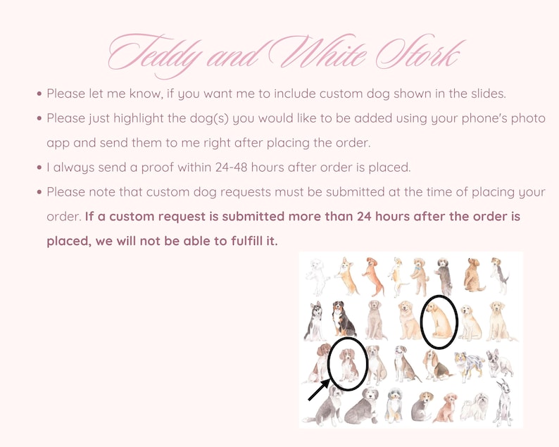 May include: A light pink background with the text "Teddy and White Stork" in a cursive font. Below, a list of instructions is provided. A collection of dog illustrations is shown, with two dogs circled.