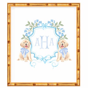 Baby Floral Crest with Golden Retriever Art Print // monogram // initials // bow // boy // nursery // painting