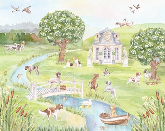Nursery Art Print Dogs on the Hunt // Big Boy Room //  Puppy watercolor // Kids Fishing Playroom // Mallard Duck // Grandmillennial