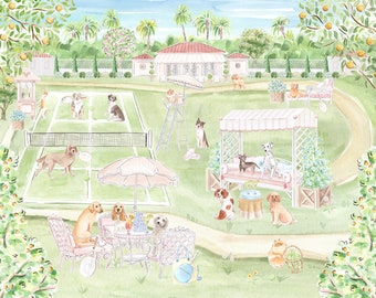 Nursery Art print Dogs playing Tennis // Jungle Print // Tropical print  // Kids Playroom // Pink Nursery art // Grandmillennial
