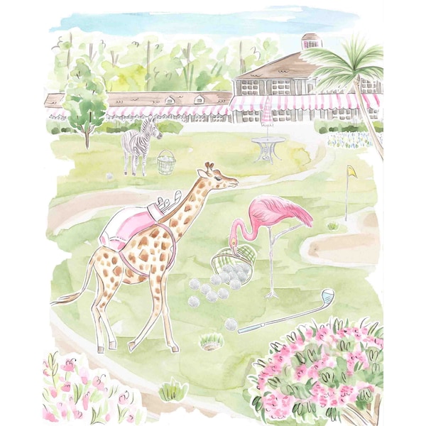 Jungle Animals Golfing Nursery Art Print: Tropical Kids Room Decor