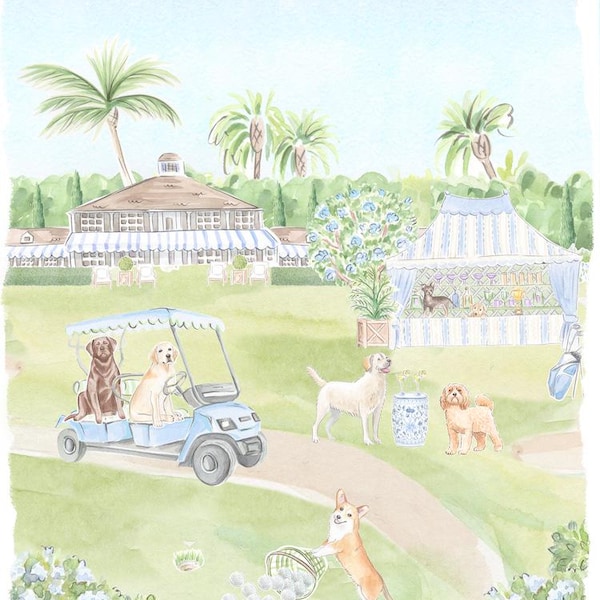 Dogs Playing Golf Nursery Art Print: Jungle Tropical Kids Room Decor
