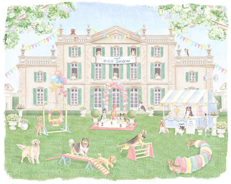 May include: A watercolor illustration of a dog show taking place in front of a large, white mansion. There are several dogs of different breeds participating in the show, including a golden retriever, a dachshund, and a sheepdog. The dogs are competing in various events, such as agility, obedience, and conformation. The scene is set on a sunny day, with a blue sky and green grass. The illustration is framed by a border of green trees and flowers.
