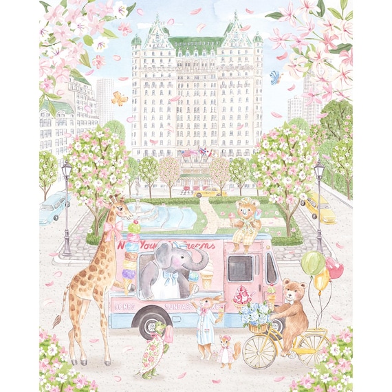 Nursery Art print Safari Animals with Ice Cream Truck in Central Park New York next to Plaza Hotel, Whimsical art,GrandMillennial watercolor