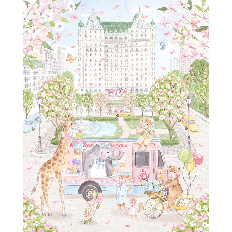 Puede incluir: Ilustraci&oacute;n en acuarela de un cami&oacute;n de helados rosa con el texto "New York Dreams". Una jirafa, un elefante, un oso y otros animales disfrutan de conos de helado. Tambi&eacute;n se presentan flores de cerezo y una bicicleta amarilla.