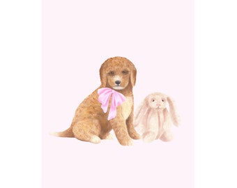 Nursery Art Print Golden doodle and bunny // Grand Millennial // Baby girl