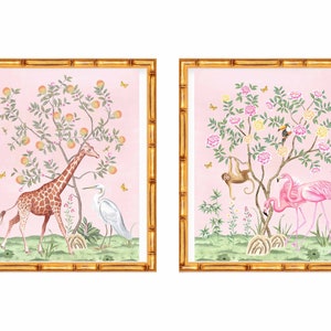Two Art Prints Chinoiserie Peony and Orange Tree with Flamingoes, Giraffes,Stork and Monkeys // Nursery Decor //  Preppy // Grand Millennial