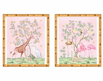 Two Art Prints Chinoiserie Peony and Orange Tree with Flamingoes, Giraffes,Stork and Monkeys // Nursery Decor //  Preppy // Grand Millennial