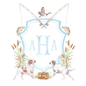 Baby Boy Hunting Fishing Crest  Art Print // monogram // Springer Spaniel // German Pointer // preppy nursery // Hunting Dog // Brittany