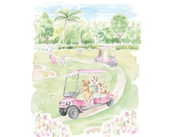 Nursery Art print Dogs playing golf // Jungle Print // Tropical print  // Kids room // Nursery art