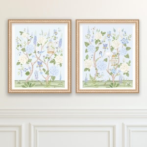 Set of Two Art Prints Chinoiserie Flowers with Birds // Nursery Decor // Girls Room // English Garden // Grand Millennial // Hydrangea