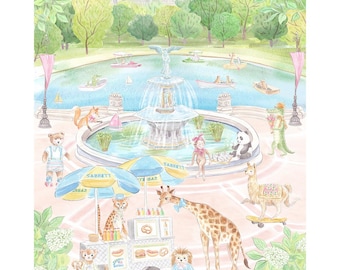 Lámina infantil con animales de safari y un puesto de perritos calientes en Central Park, Nueva York, junto a la fuente de Bethesda. Acuarela GrandMillennial.