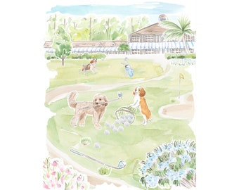 Nursery Art print Dogs playing golf // Jungle Print // Tropical print  // Kids room // Nursery art