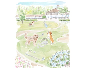 Nursery Art print Dogs playing golf // Jungle Print // Tropical print  // Kids room // Nursery art