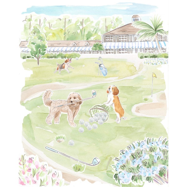 Nursery Art print Dogs playing golf // Jungle Print // Tropical print  // Kids room // Nursery art