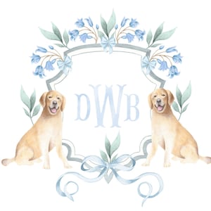 Baby Floral Crest with Golden Retriever Art Print // monogram // initials // bow // boy // nursery // painting